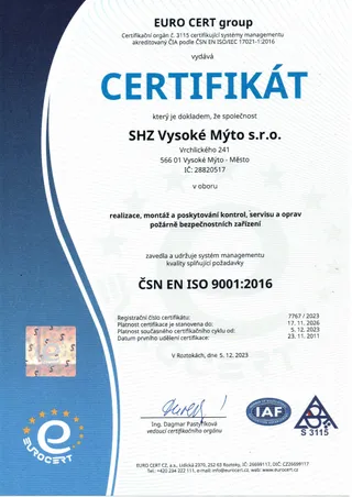 Certifikát ČSN EN ISO 9001:2016