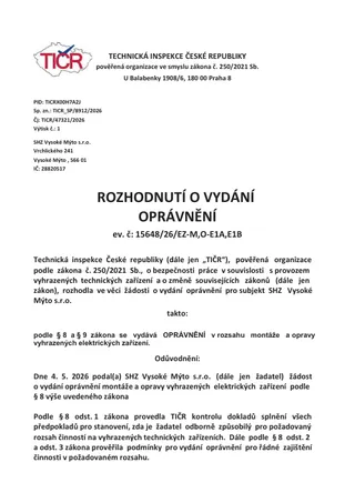 TIČR – vyhrazená elektrická zařízení