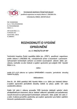 TIČR – periodické zkoušky nádob na plyny