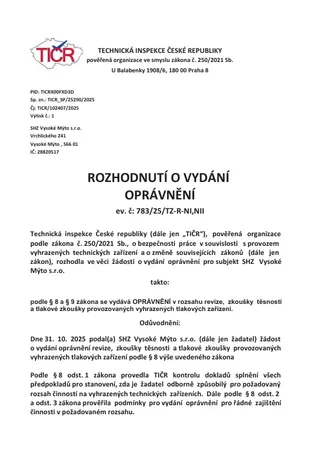 TIČR – vyhrazená tlaková zařízení